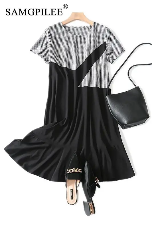 

2021 Women Summer Clothing Office Lady Trumpet Mermaid Plaid Short Sleeve Elegant Dress Empire O-neck Dresses For Women 3XL