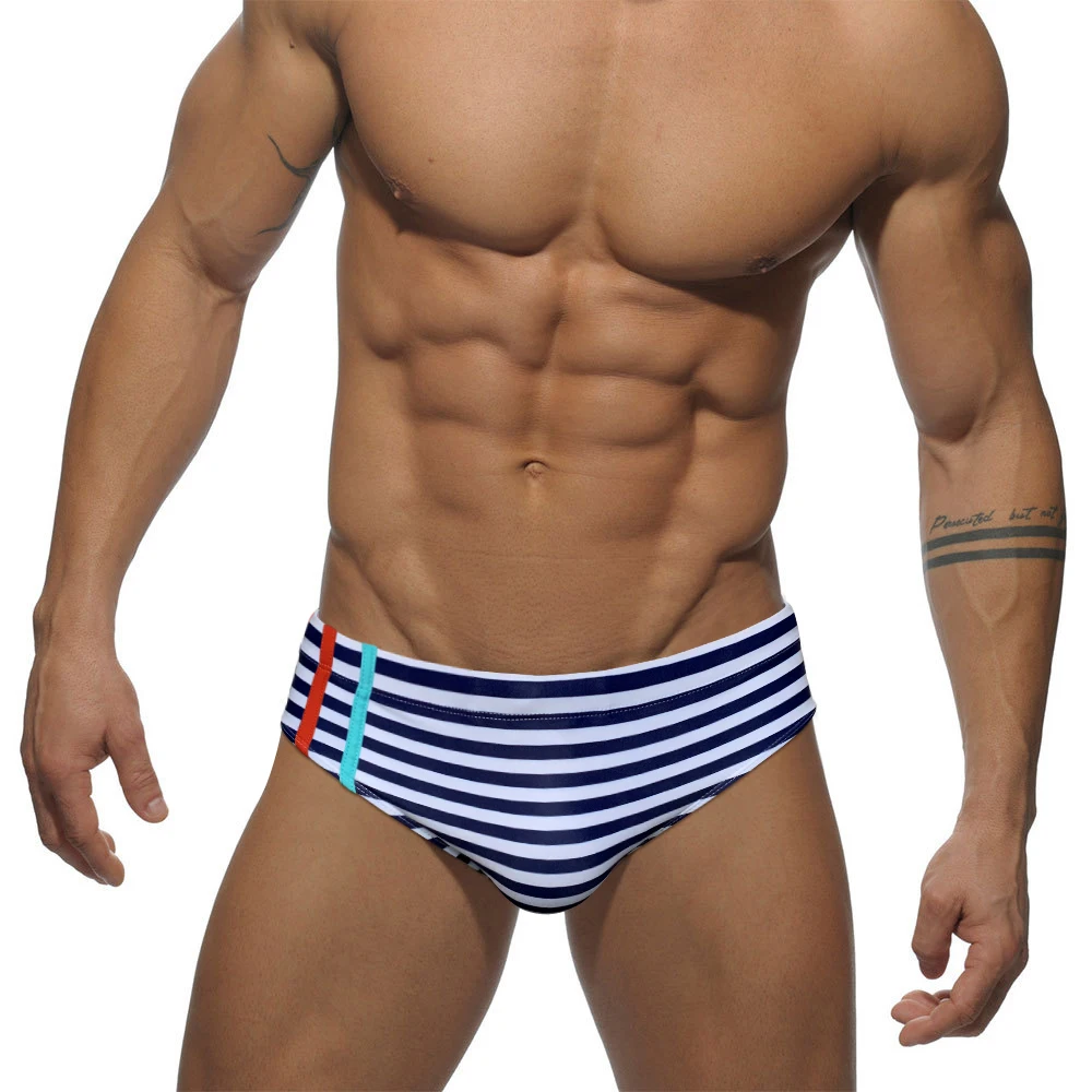 

Summer Striped Mens Low Waist Swim Briefs Polyester Quick Dry Beach Bathing Suit Sexy Male Pad Push Up Swimwear Zwembroek