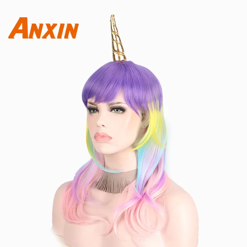 

Anxin Long Curly Unicorn Wig Rainbow Color With Bangs For Women Cosplay Anime Wig