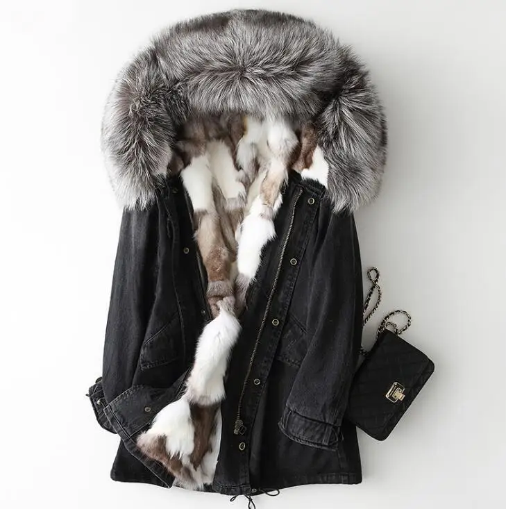 Парка из натурального Лисьего меха пальто с натуральным мехом женская джинсовая