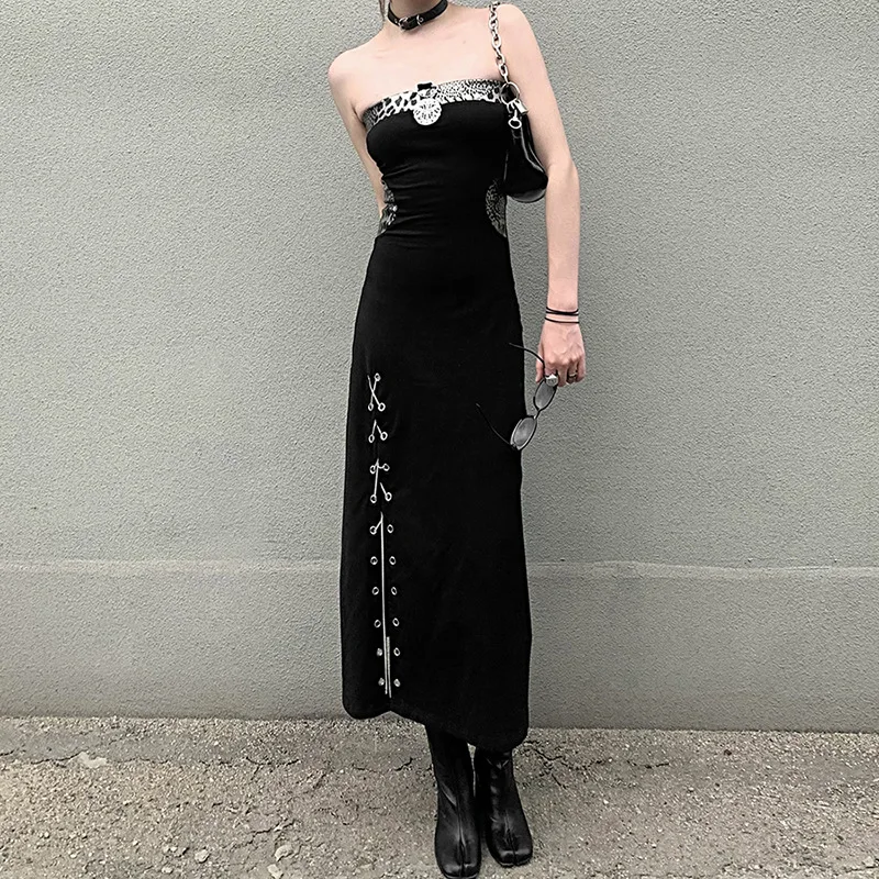 

Aesthetic High Waist Black Long Dress Goth Sexy Strapless Leopard Patchwork Dresses Punk Metal Chain Lace Up Slit Dress