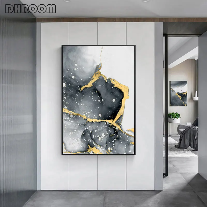 Современный абстрактный постер на холсте чернила золотая линия настенная