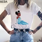 Футболка женская с героями мультфильмов Disney, Повседневная рубашка с шапкой Микки уха, топ с принцессой и лягушкой, уличная одежда в стиле Харадзюку