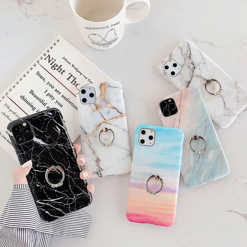 

New Marble Shockproof Soft Phone Case For iPhone 7 8plus XR XS max 12 11 pro max Diamond ring Bracket IMD Back Cover