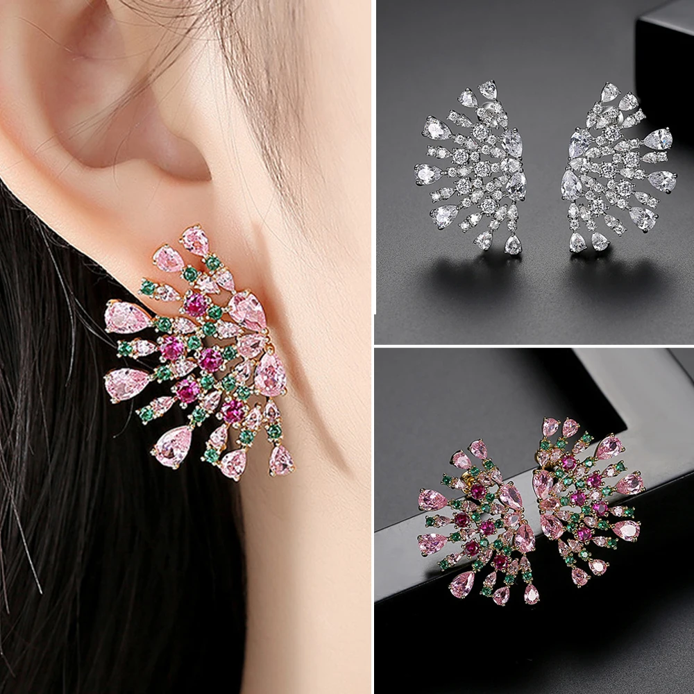 

Fashion AAA Cubic Zircon Sector Stud Earrings For Women Girls Dubai Wedding Party Charm Jewelry Exquisite Delicate Gift Earrings
