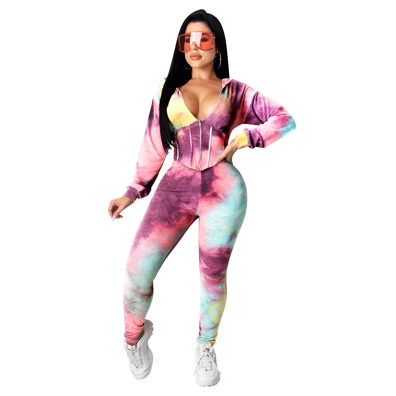 

Cutubly Zipper Up Women'S Set Tie Dye Print Two Piece Set Long Sleeve Hooded And Jogger Pants Set Suit Outfits Casual Tracksuits