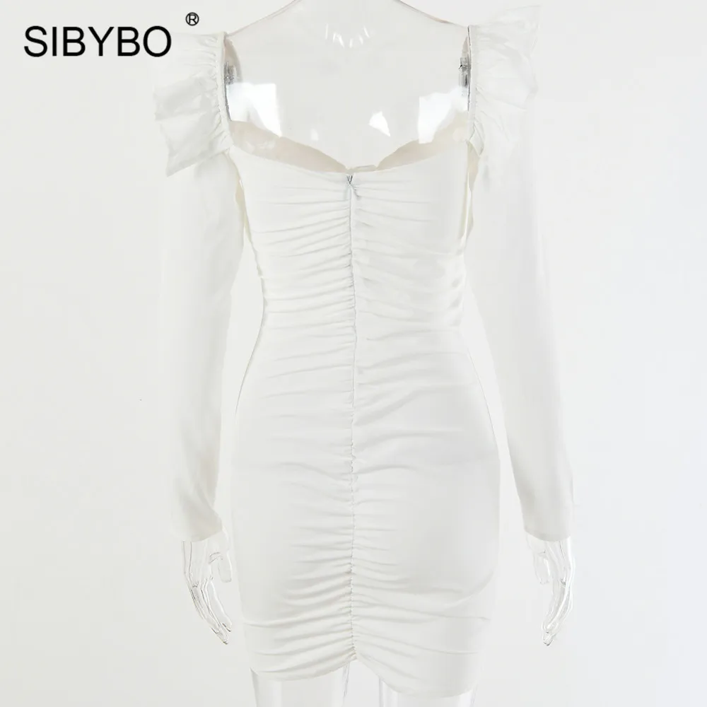 SIBYBO/осеннее платье с длинными рукавами и оборками, женское Бандаж с v-образным вырезом, мини-облегающее платье, однотонное женское вечернее платье с открытой спиной