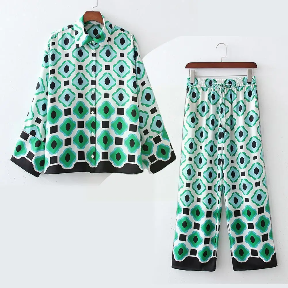 

Women's Shirt Suit Long-sleeve Shirt High-waist Geometric Printing Side Pockets Wear Trousers Street Casual Women's Pants R8h4