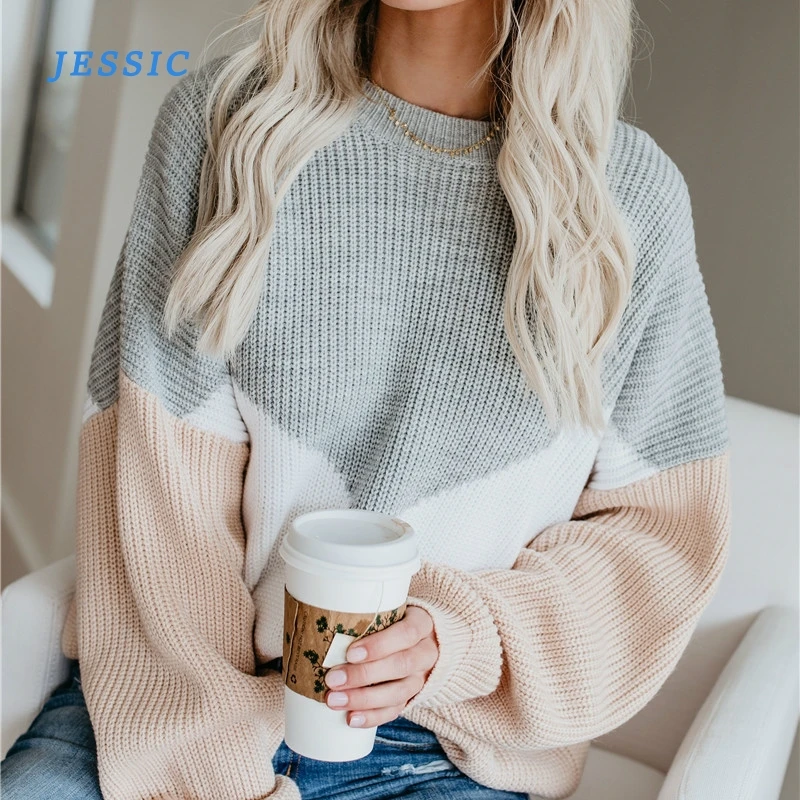 

Loose Knitted Sweater Women Jumpers Long Sleeve Woman Pullovers Sweaters Casual 2020 Autumn Winter Color Block Striped Sweater