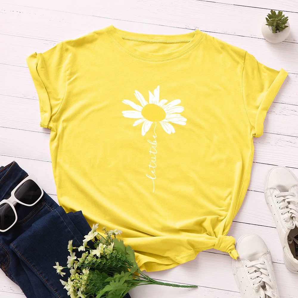 

Women T-shirt Summer Short Sleeve Cotton Plus Size S-5XL Cute Daisy Print Beautiful Casual O Neck Female Tshirt Tees Tops