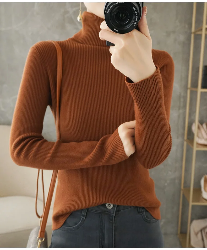 

2021 Autumn Winter New Women's Sweater, Wool Knit, High Collar, Thick And Warm, Long-Sleeved Slim Fit, Large Size, XXL-031-20
