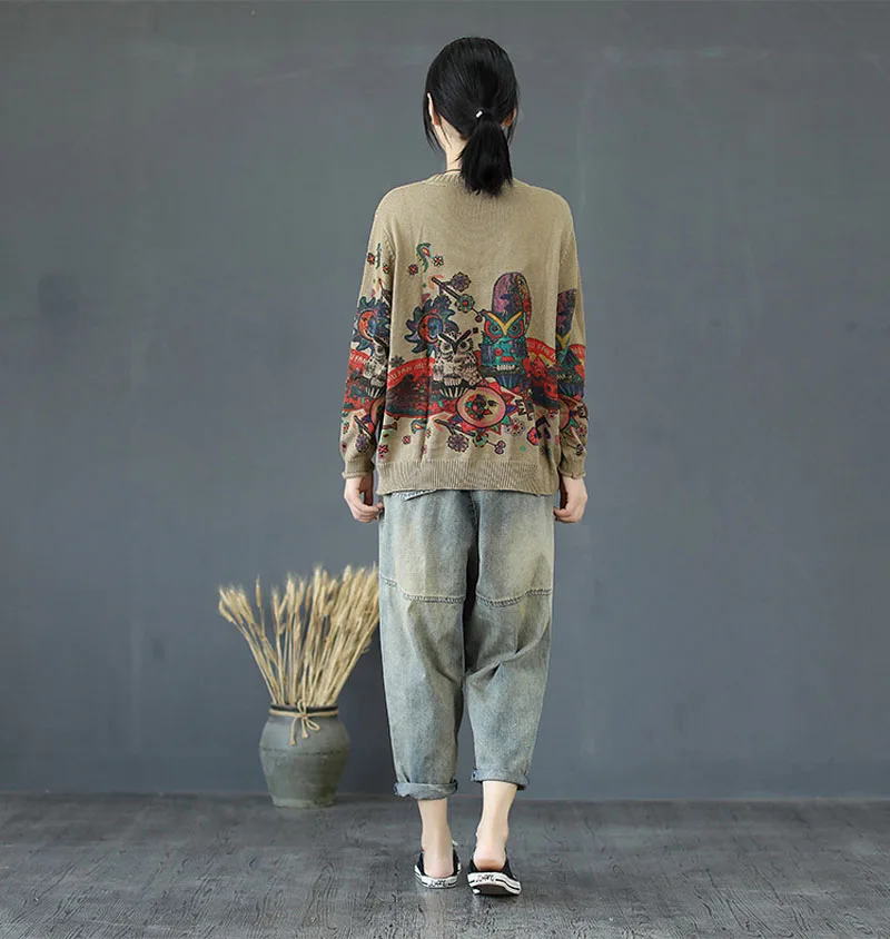 Свободные Пуловеры Блузка с длинными рукавами Осенняя верхняя одежда Harajuku ретро