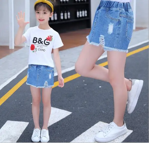 2021 Summer Children's Clothes Girls Shorts Solid Holes Denim Thin Baby Girl For Big Kids Short Pants Jean | Мать и ребенок