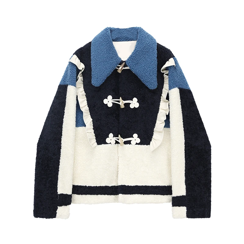 

2022 Women High Quality Fur Coats Horn Button Vintage Ruffle Edge Patchwork Thick Warm Loose Fashion Female Lamb Wool Jacket