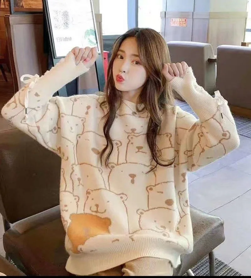 

Cute Girl 2021 Korean Style Bear Bandage Cuff Sweater Women's New Sweater Autumn Ladies Pullover Loose Knit Top Long Sleeves