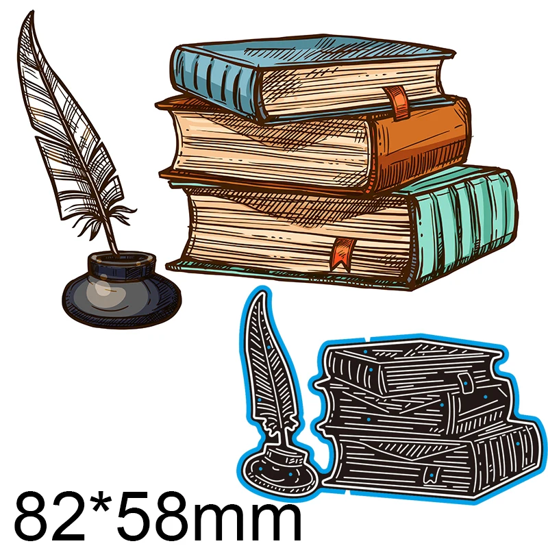 

New Metal Cutting Dies Scrapbooking Feather Pen and Books DIY Album Paper Craft Embossing Stencil Decoration 82*58mm