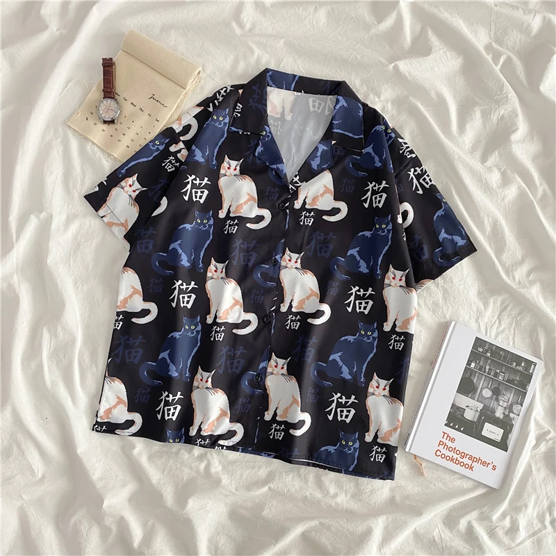 

EBAIHUI Summer Short Sleeve Shirts Women Loose Oversized Casual Button Up Shirts Harajuku Cat Print Kawaii Blouse Womens Tops