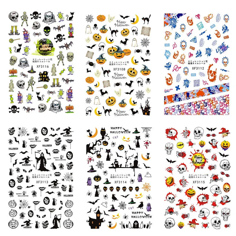 

12 Pcs/set Halloween Bat Witch Sticker Nail Art Design Water Transfer Sliders Decals For Nail Sticker 3D Tips Decorations DIY