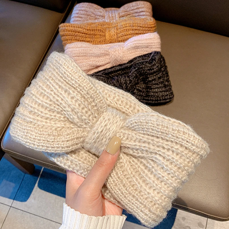 Зимняя Теплая повязка на голову для женщин Модная вязаная с бантом ручной работы