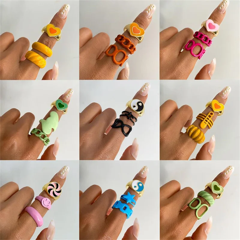 

Retro Heart Ring Set Fashion Lady Pink Green Resin Yin Yang Love Heart Opening Adjustable Ring Party Accessories