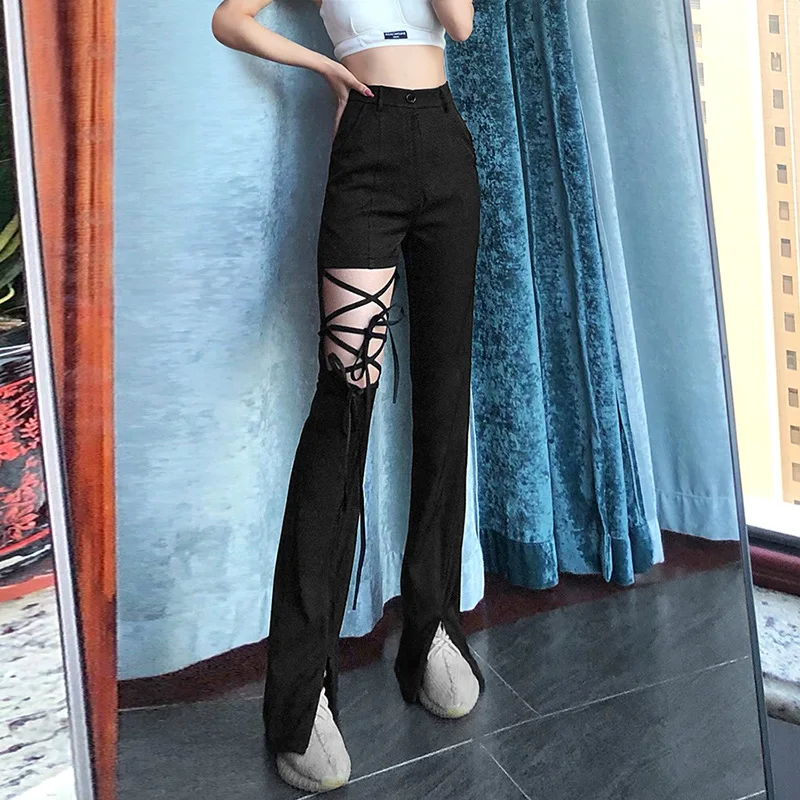 

Streetwear Sports Jogger High Waist Flared Pants Women's Chic Bandage Cutout Zipper Casual Harajuku Solid Color Straight Pants