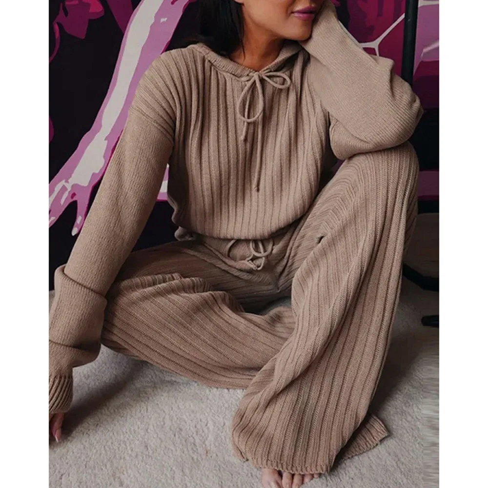 

Women Two-piece Suit Spring Knitted Hooded Pajama Pants Suit For Women Long Sleeve Sleepwear Loose Lounge Wear Female Clothing