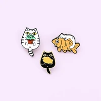 cartoon blackwhite cat potted enamel pin yellow fish brooch denim jeans shirts bags celebrated fashion jewelry gift for friends