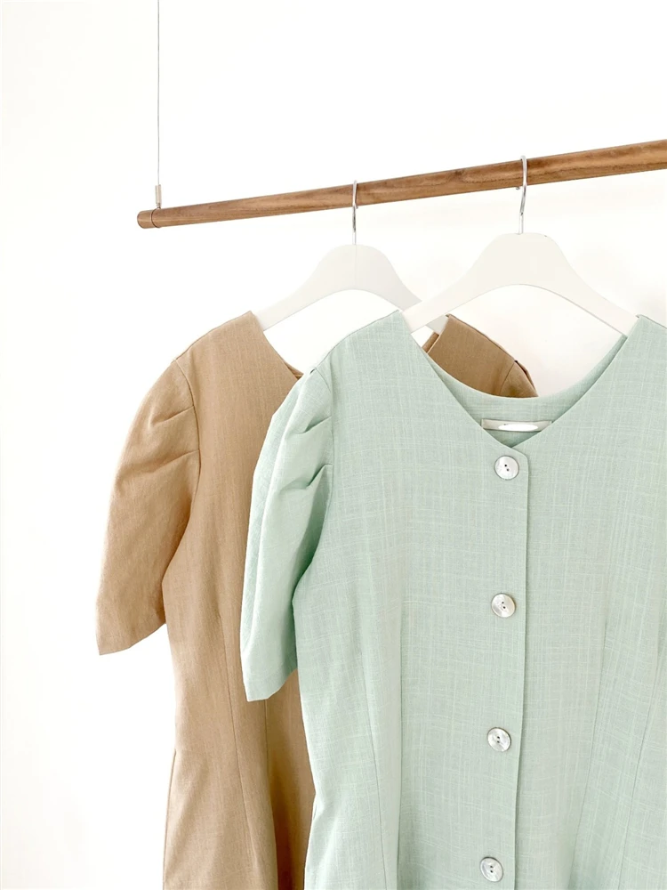 

YOCALOR New 2020 Women's Summer Dresses Puff Sleeve Buttons Backwards Casual Cotton and Linen Pockets Lady Long Dress