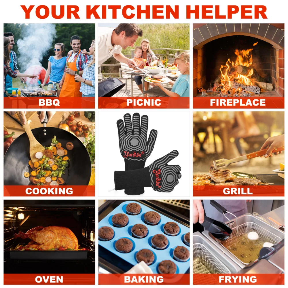 

Yardwe 1 Pair BBQ with 1 Silicone Oil Brush Long Cuff Baking 800/1472 Heat Resistant Cooking Non-slip Sil
