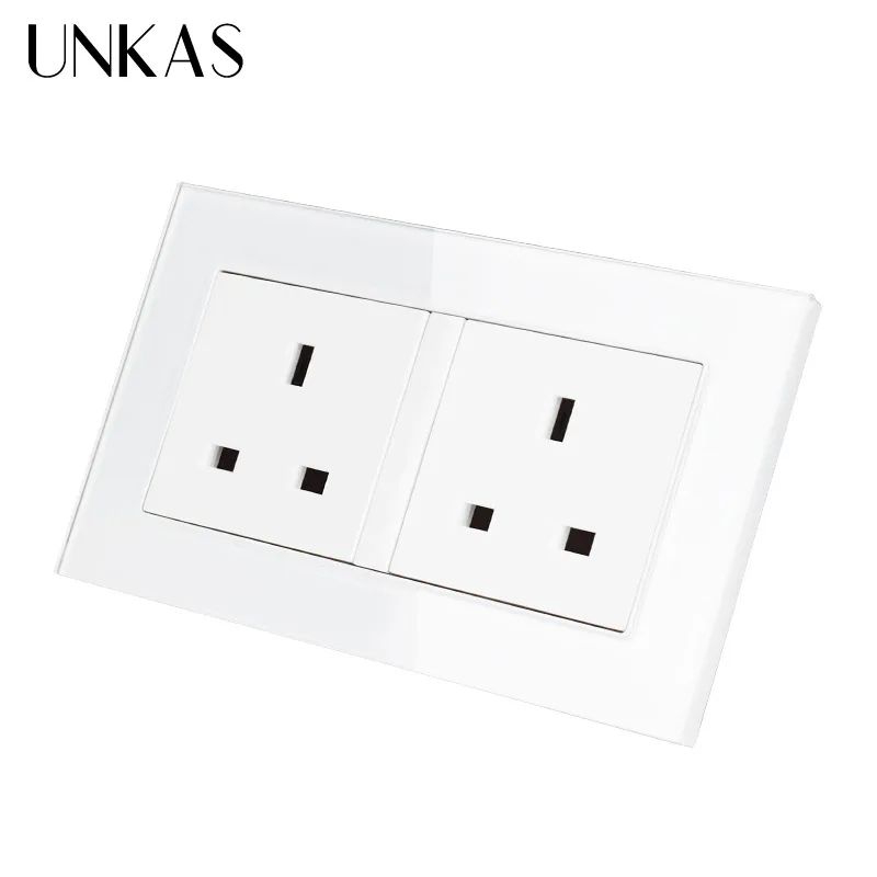 UNKAS Double 146*86mm UK Standard Wall Socket Crystal Glass Panel Power Outlet Grounded AC 100~250V Siamesed Design | Обустройство