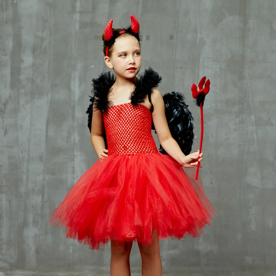 Halloween Costume Dress For Girls Baby Red Devil TUTU with Wing Fancy Dressing Up Girl Cosplay Outfits Ball Gown Photo Props |