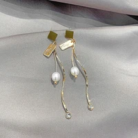 ustar long tassel pearl drop earrings for women female gold screw metal dangle earrings fashion jewelry gifts
