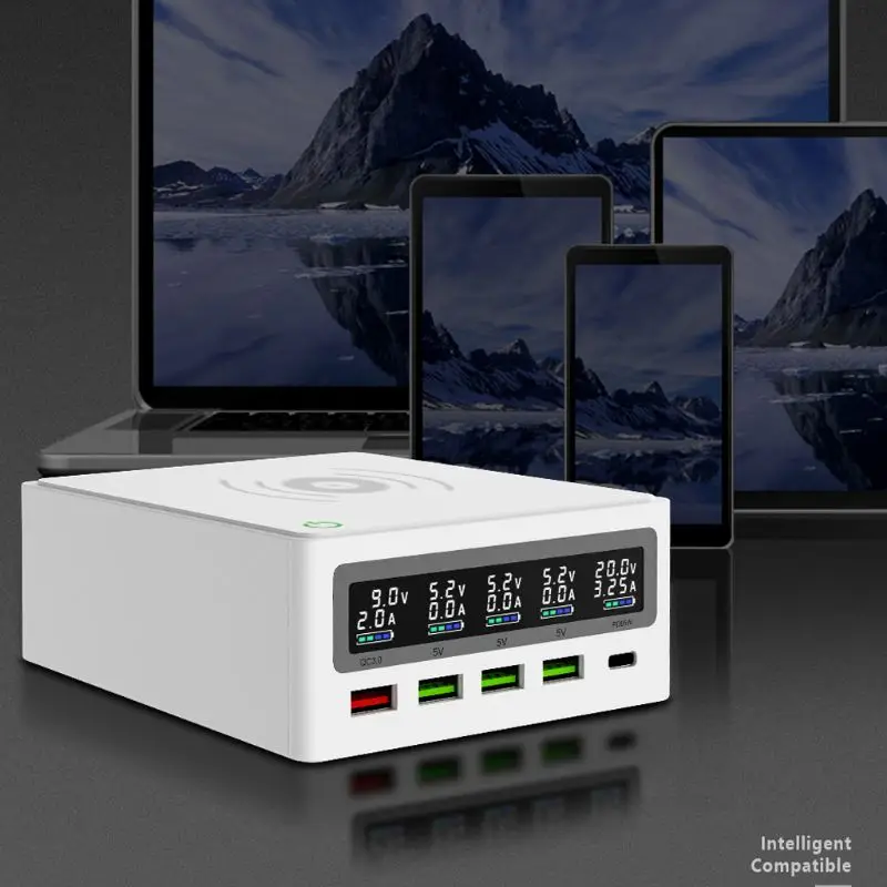 5 портов QC3.0 USB Type C PD 65 Вт адаптер питания Qi Беспроводное зарядное устройство для