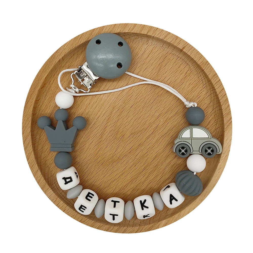 

Personalised Name Silicone Baby Pacifier Chain Russian Letters DIY Silicone Beads Set Cartoon Car Teething Teether Pacifier Clip