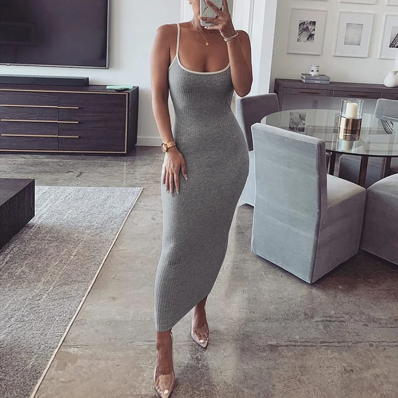 Autumn Women Bodycon Sheath Dress Sexy Knitted Cotton Spaghetti Strap Sleeveless 2019 Casual Slim Midi Black White Gray | Женская одежда