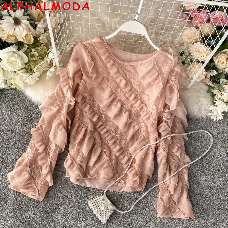 ALPHALMODA шикарная Милая гофрированная рубашка с круглым вырезом и длинным рукавом