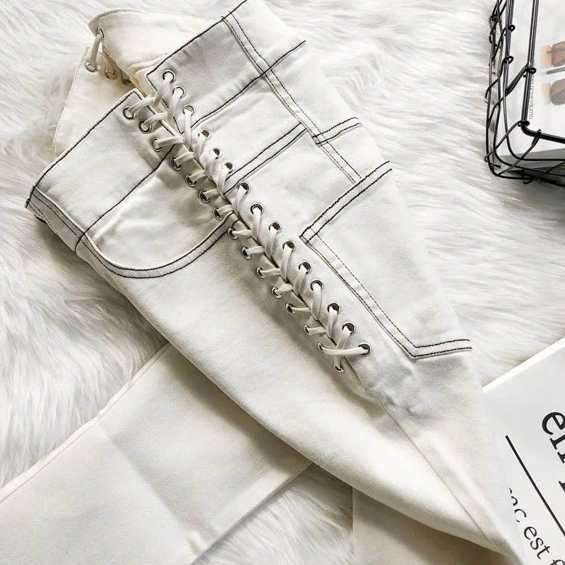 

Spring Fashion Trousers Denim High Waist Sides Lace Up Slim Fit White Pencil Long Pants Jeans for Women Buttons Streetwear