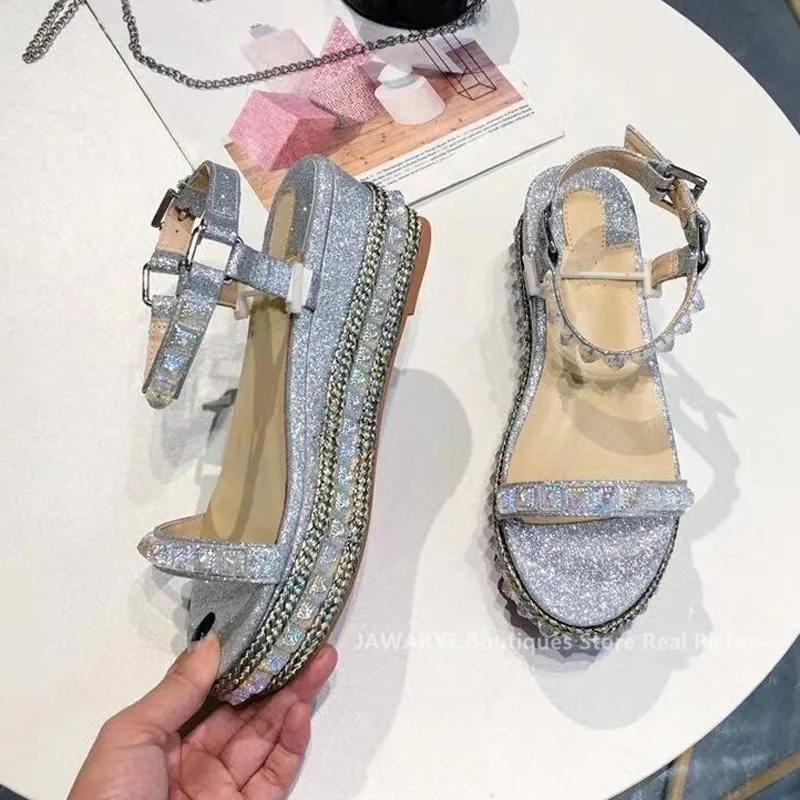 

Ollymurs Platform wedge Sandals women rivets studded high heels bling bling string beaded shiny glittery summer shoes