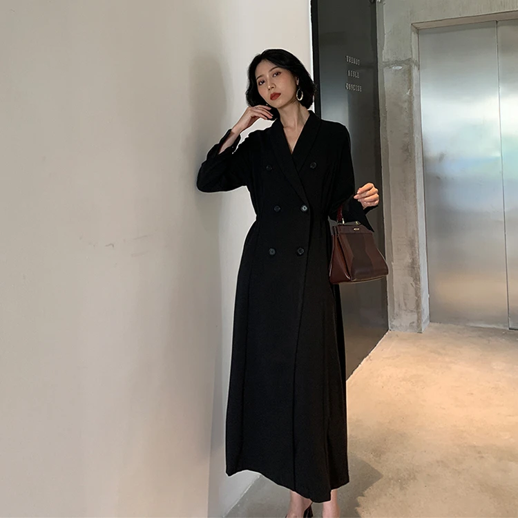 

New 2020 Autumn Winter Women Windbreaker Elegant Buttons Outerwear Oversize Office Vintage Long black Trench coat And Jackets