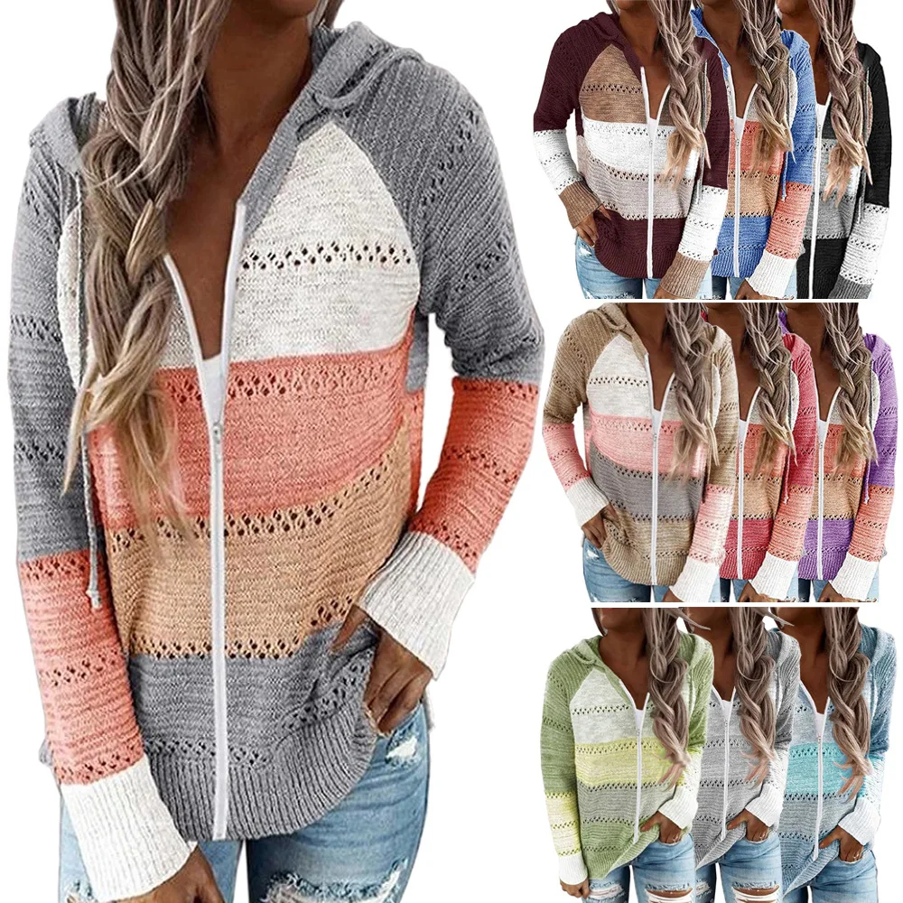 

Кардиган женский с капюшоном и длинным рукавом, модный свободный свитер в стиле пэчворк, повседневная одежда, свитер на осень-зиму