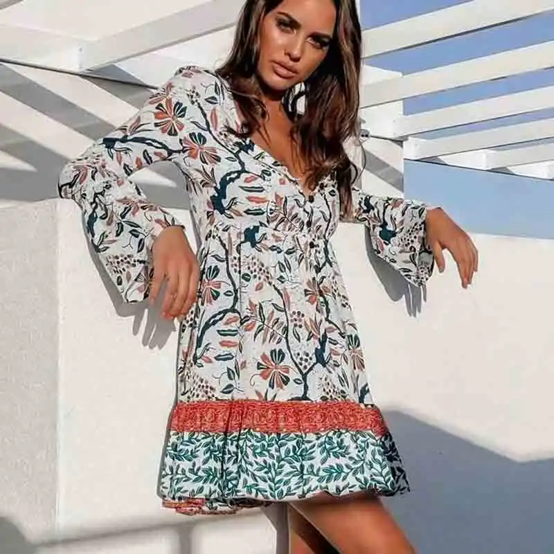 Богемный Вдохновленный цветочный мини платье с длинным рукавом v образным