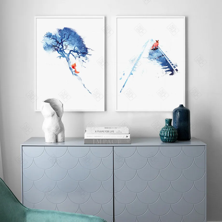 Холст для живописи плакат Wall Art Модульная картина синий деревья и Красный лис на