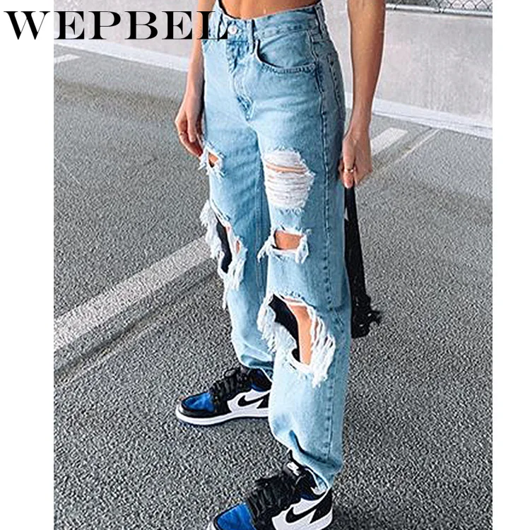 

WEPBEL Women's Casual Hole Bleached Ripped Jeans Autumn Fashion Mid-Waist Button Straight Jeans