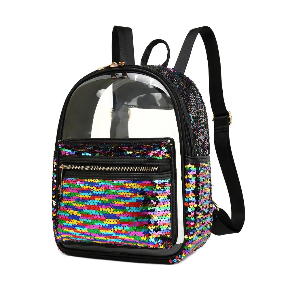 Женский прозрачный черный рюкзак Модный женский с блестками Летний милый для