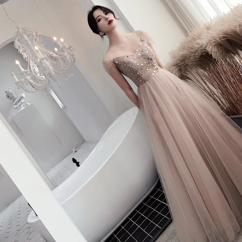 Fashion New Elegant Long Evening Dress V-Neck Tulle Sequins Beaded Party Prom Gown Off Shoulder Dress