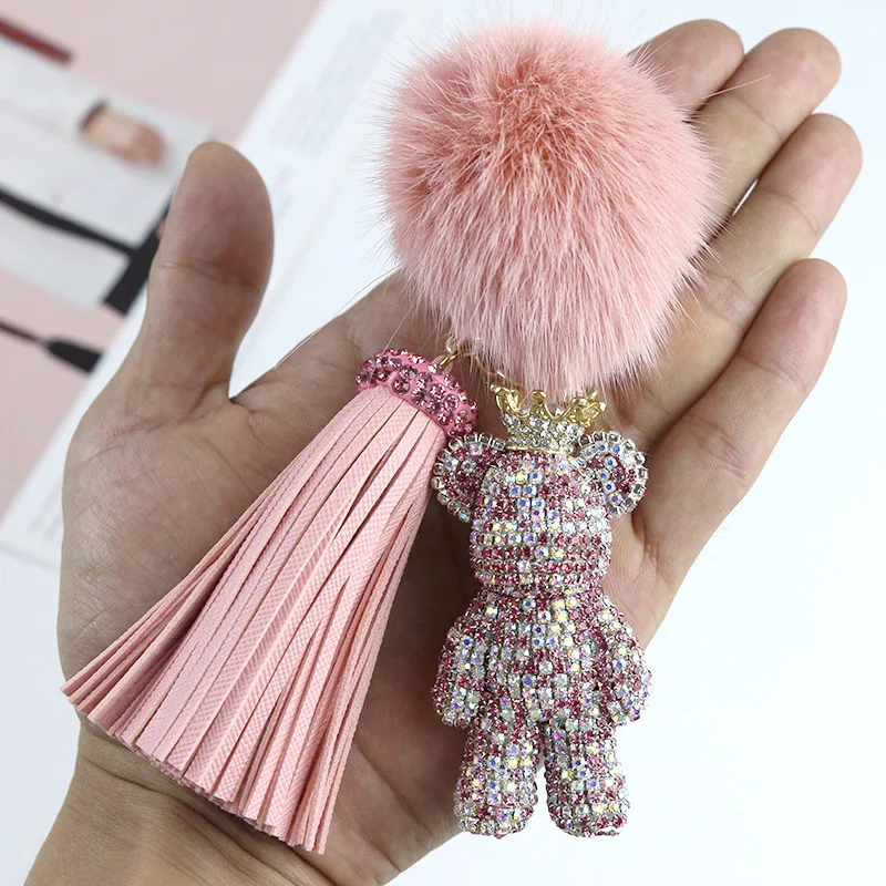 

Cute Fox Fur Ball Pompom Crown Gloomy Bear Key Chains Tassel All Rhinestones Bomgom Bears Key Ring Car Bag Pendant Key Chains