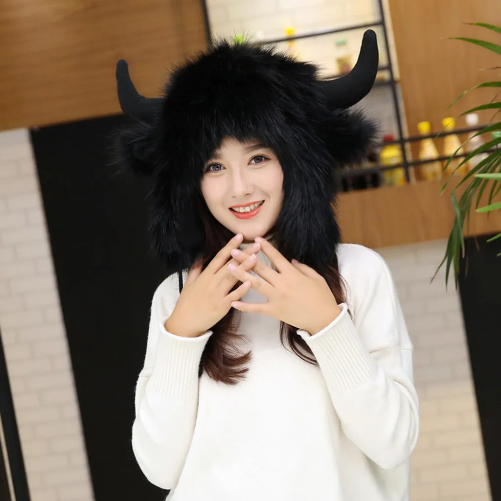 2019 зимняя очень теплая Милая мультяшная шапка с рогами для взрослых меховая