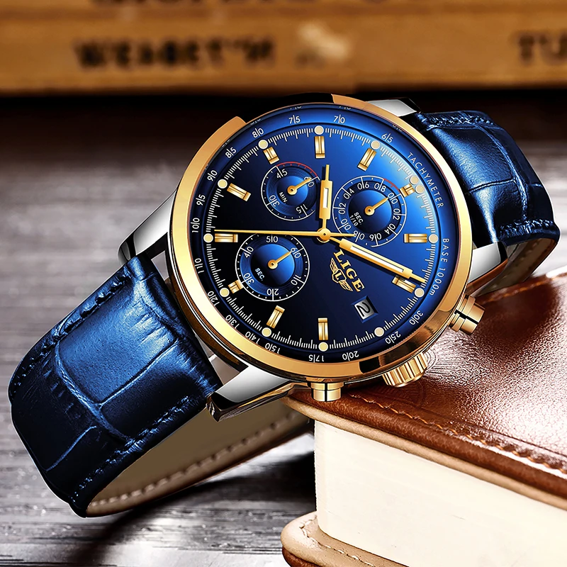 Relojes Hombre новинка 2019 LIGE повседневные кожа модные кварцевые золотые часы мужские