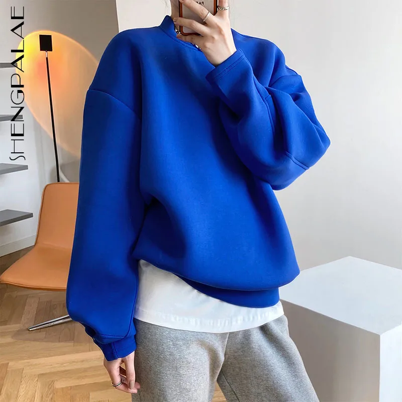 

SHENGPALAE Fashion Women's New Sweatershirt Autumn Solid Color Loose O Neck Long Sleeve Casual Blue Pullover Top 2021 5E2703