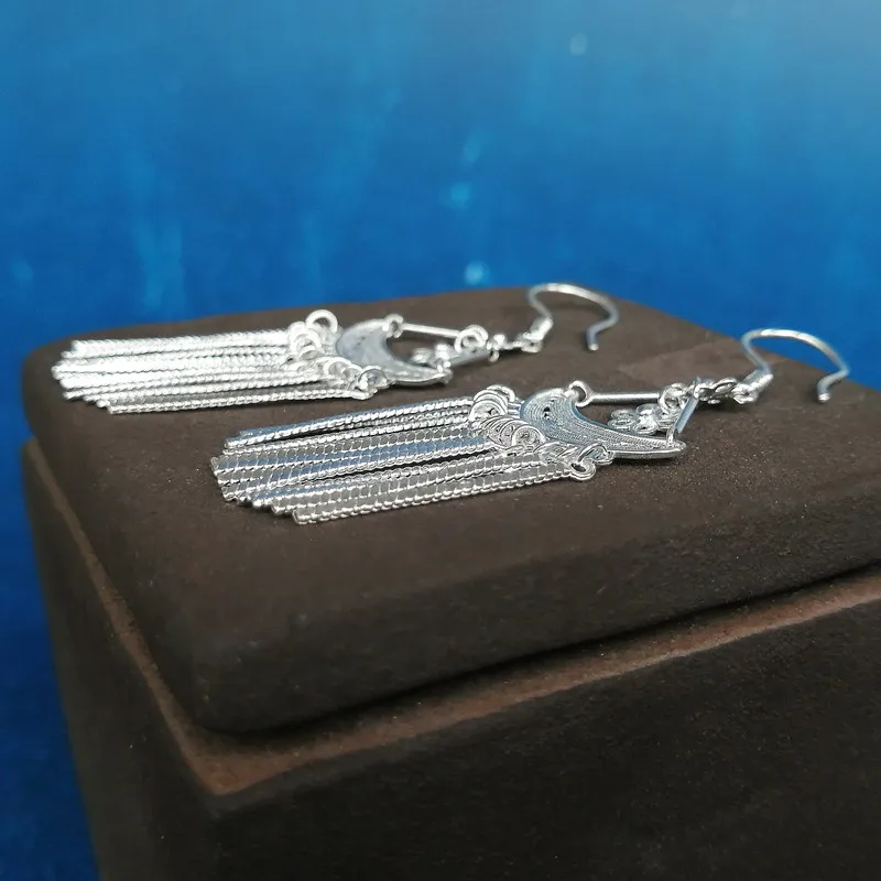 Женские серьги-кисточки из серебра 999 пробы в этническом стиле